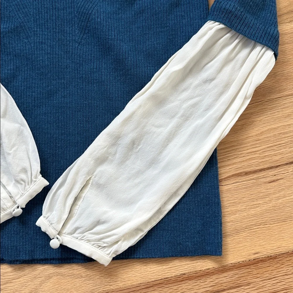 Veronica Beard mixed fabric top/ blue wool crewneck sweater & silk sleeves sz XS